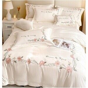 Luxury 100% Cotton Duvet Cover Set 3Pcs Queen Elegant Flower Embroidery Bedding